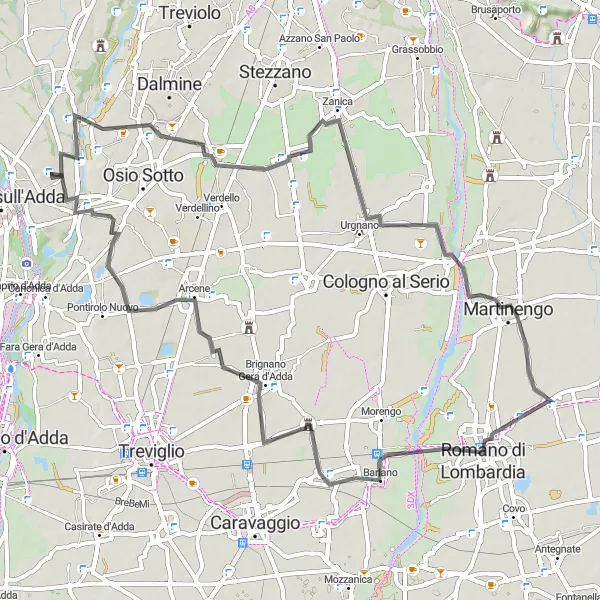Mapa miniatúra "Cyklistická trasa cez Comun Nuovo, Muratella, Bariano, Arcene a Brembate" cyklistická inšpirácia v Lombardia, Italy. Vygenerované cyklistickým plánovačom trás Tarmacs.app