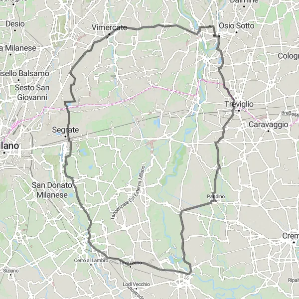 Map miniature of "Milan Hinterland Loop" cycling inspiration in Lombardia, Italy. Generated by Tarmacs.app cycling route planner