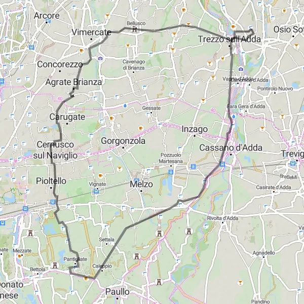 Mapa miniatúra "Okruhová cyklistická trasa cez Albignano d'Adda, Cassignanica, Agrate Brianza, Castello di Bellusco a Trezzo sull'Adda" cyklistická inšpirácia v Lombardia, Italy. Vygenerované cyklistickým plánovačom trás Tarmacs.app