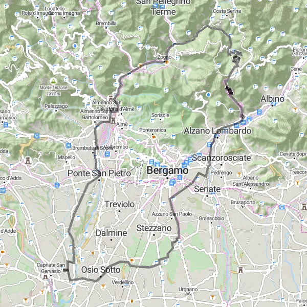 Map miniature of "Bergamo Hills and Valleys" cycling inspiration in Lombardia, Italy. Generated by Tarmacs.app cycling route planner