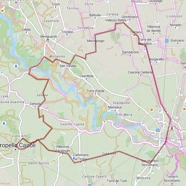 Zemljevid v pomanjšavi "Scenic Gravel Loop from Gropello Cairoli" kolesarske inspiracije v Lombardia, Italy. Generirano z načrtovalcem kolesarskih poti Tarmacs.app