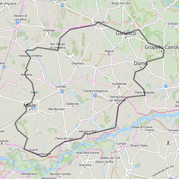 Miniatura della mappa di ispirazione al ciclismo "Percorso panoramico da Gropello Cairoli a Garlasco" nella regione di Lombardia, Italy. Generata da Tarmacs.app, pianificatore di rotte ciclistiche