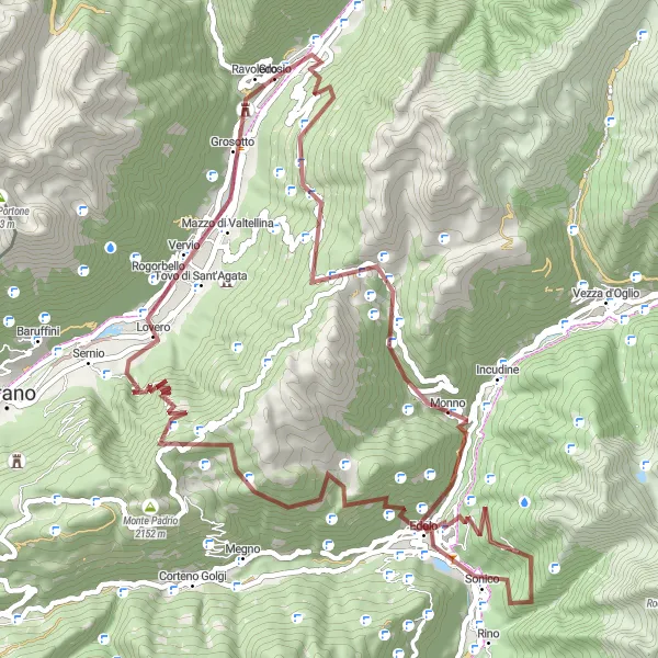 Karttaminiaatyyri "Vernugasta Vernugaan - Seikkailu Morttiroloon" pyöräilyinspiraatiosta alueella Lombardia, Italy. Luotu Tarmacs.app pyöräilyreittisuunnittelijalla