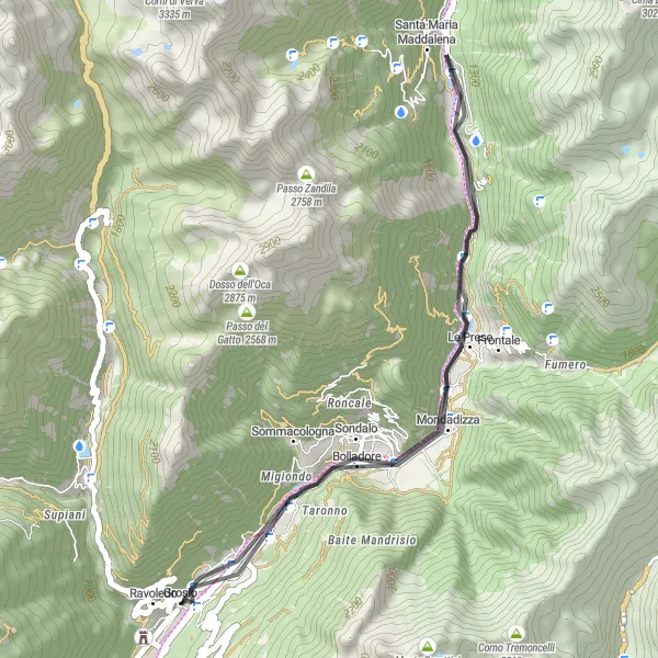 Map miniature of "Road Cycling Loop to Tiolo and Rocca di Serravalle" cycling inspiration in Lombardia, Italy. Generated by Tarmacs.app cycling route planner