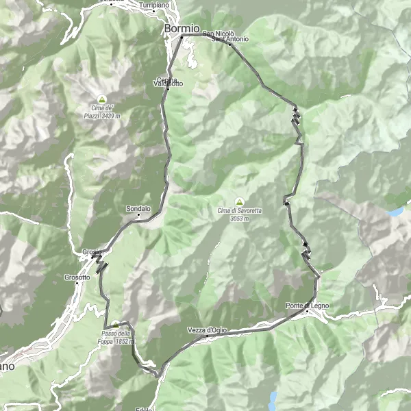 Map miniature of "Road Biking Extravaganza near Grosio" cycling inspiration in Lombardia, Italy. Generated by Tarmacs.app cycling route planner