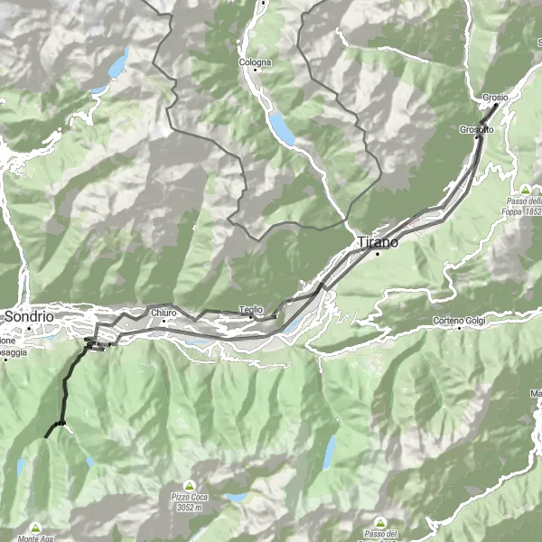 Map miniature of "Road Cycling Adventure to Dossa and Lovero" cycling inspiration in Lombardia, Italy. Generated by Tarmacs.app cycling route planner