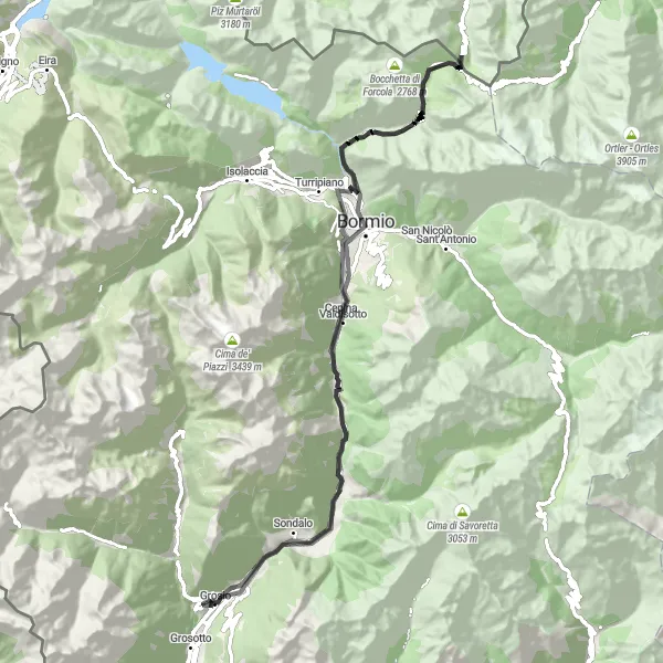 Map miniature of "Road Cycling Adventure to Grosio and Bormio" cycling inspiration in Lombardia, Italy. Generated by Tarmacs.app cycling route planner