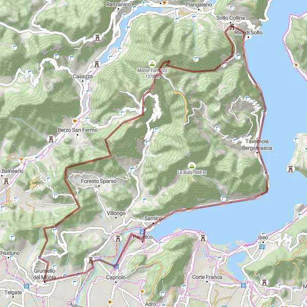 Zemljevid v pomanjšavi "Gandosso to Capriolo Gravel Adventure" kolesarske inspiracije v Lombardia, Italy. Generirano z načrtovalcem kolesarskih poti Tarmacs.app