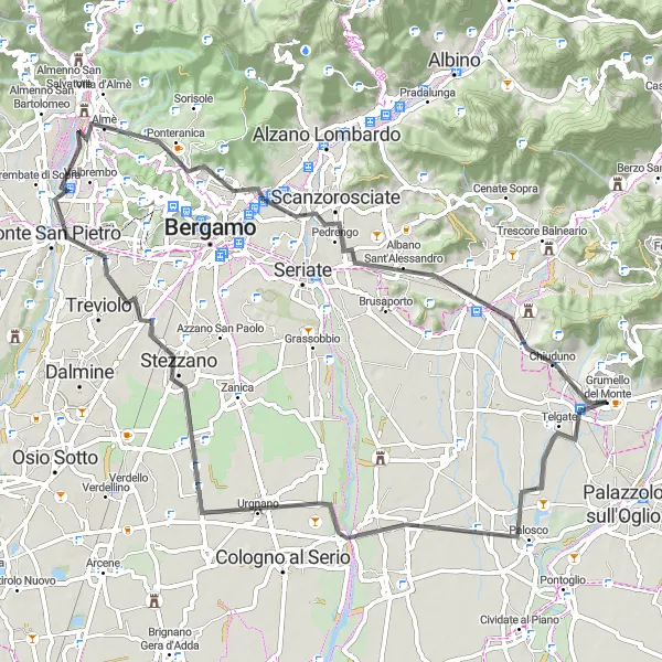 Kartminiatyr av "Bergsikkelrute til Chiuduno" sykkelinspirasjon i Lombardia, Italy. Generert av Tarmacs.app sykkelrutoplanlegger