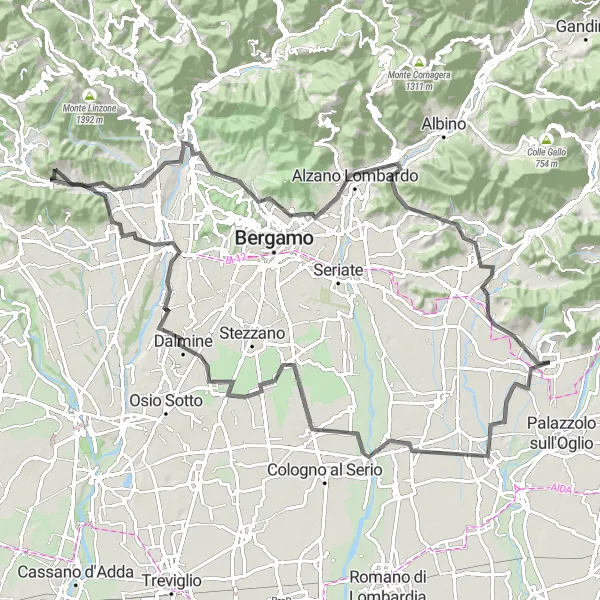 Miniature de la carte de l'inspiration cycliste "Défi cycliste autour de Bergamo" dans la Lombardia, Italy. Générée par le planificateur d'itinéraire cycliste Tarmacs.app
