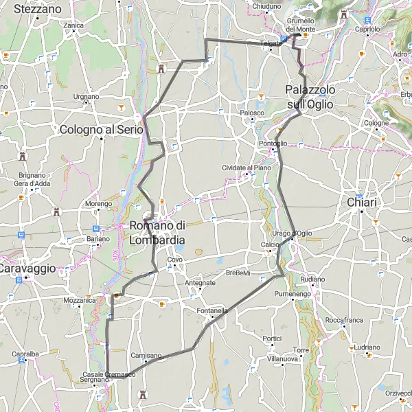 Miniatura della mappa di ispirazione al ciclismo "Grumello del Monte - Telgate road loop" nella regione di Lombardia, Italy. Generata da Tarmacs.app, pianificatore di rotte ciclistiche