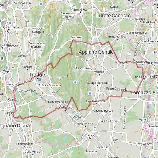 Map miniature of "Guanzate - Cirimido - Lonate Ceppino - San Bartolomeo al Bosco - Caslino al Piano" cycling inspiration in Lombardia, Italy. Generated by Tarmacs.app cycling route planner