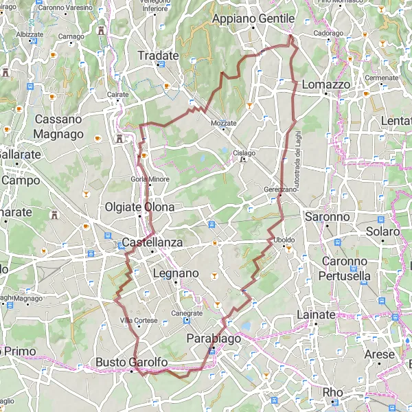 Map miniature of "Scenic Gravel Tour from Guanzate to Veniano (Gravel)" cycling inspiration in Lombardia, Italy. Generated by Tarmacs.app cycling route planner