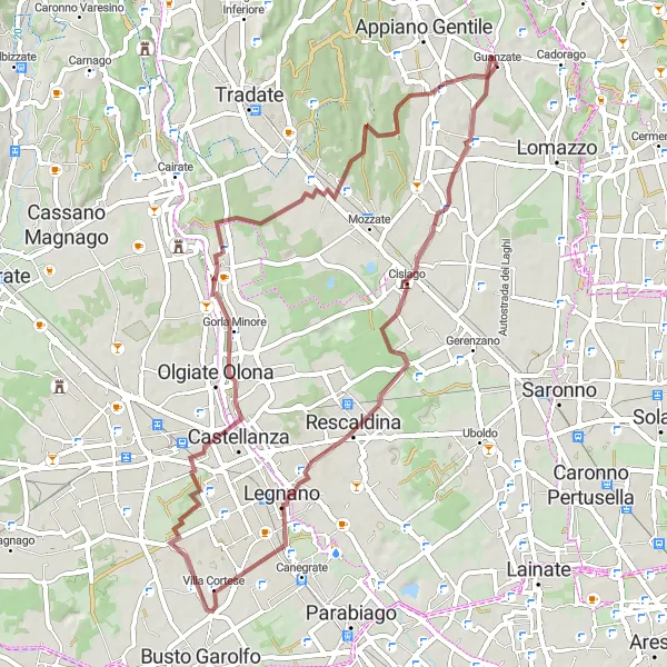 Miniatura della mappa di ispirazione al ciclismo "Un viaggio in bicicletta tra Cislago e Veniano" nella regione di Lombardia, Italy. Generata da Tarmacs.app, pianificatore di rotte ciclistiche