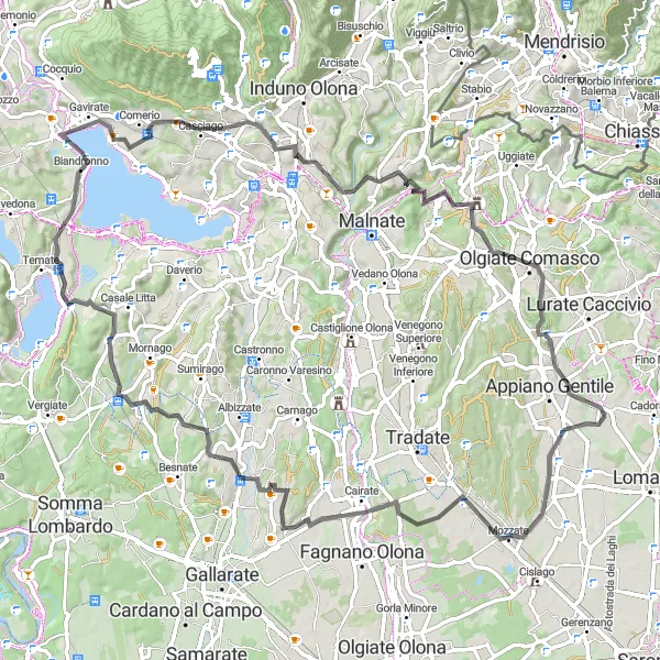 Miniatura della mappa di ispirazione al ciclismo "Guanzate - Lake Varese - Belmonte Loop" nella regione di Lombardia, Italy. Generata da Tarmacs.app, pianificatore di rotte ciclistiche