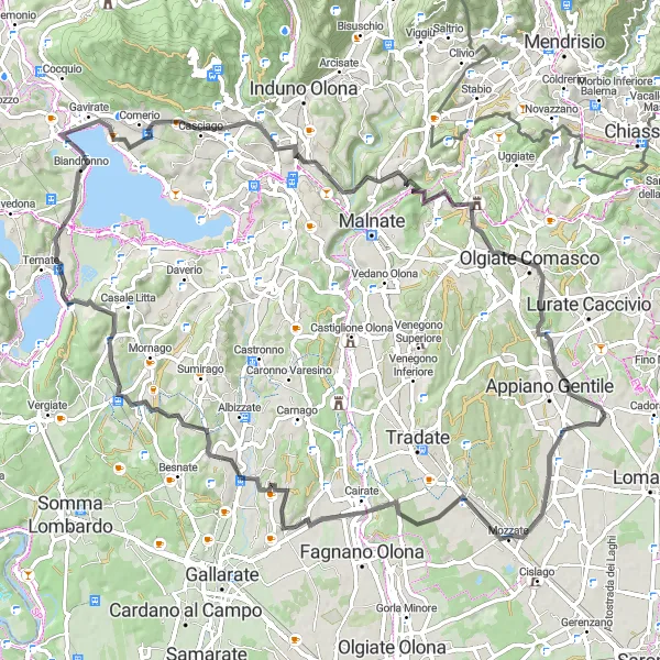 Map miniature of "Discover the Beauty of Lake Varese (Road)" cycling inspiration in Lombardia, Italy. Generated by Tarmacs.app cycling route planner