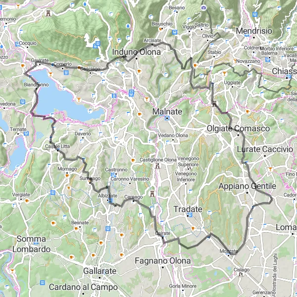 Miniatura della mappa di ispirazione al ciclismo "Avventura sulle colline del Varesotto" nella regione di Lombardia, Italy. Generata da Tarmacs.app, pianificatore di rotte ciclistiche