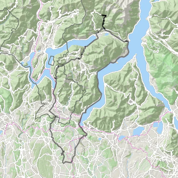 Map miniature of "Guanzate - Monte Prato - Melano - I Doss - Il Monticello - Osteno - Sasso di Cusino - Cusino - Croce - Crocetta - Belvedere Giancarlo Venelli - Luscesino - Belvedere Baita Elisa - Cadorago" cycling inspiration in Lombardia, Italy. Generated by Tarmacs.app cycling route planner