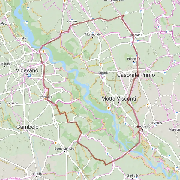 Map miniature of "Gudo Visconti - Rosate - Bereguardo - Sforzesca - Ozzero" cycling inspiration in Lombardia, Italy. Generated by Tarmacs.app cycling route planner