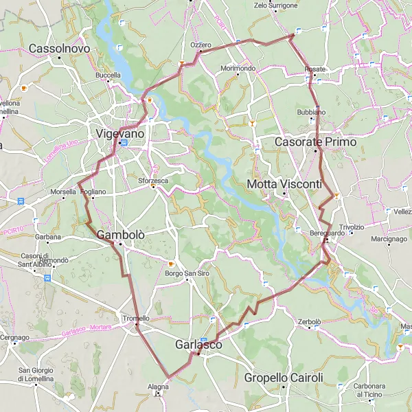 Miniatura della mappa di ispirazione al ciclismo "Tra le risaie e i borghi della Lomellina" nella regione di Lombardia, Italy. Generata da Tarmacs.app, pianificatore di rotte ciclistiche