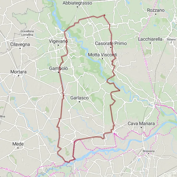 Miniaturní mapa "Gravelová cesta kolem Sannazzaro de' Burgondi a Gambolò" inspirace pro cyklisty v oblasti Lombardia, Italy. Vytvořeno pomocí plánovače tras Tarmacs.app