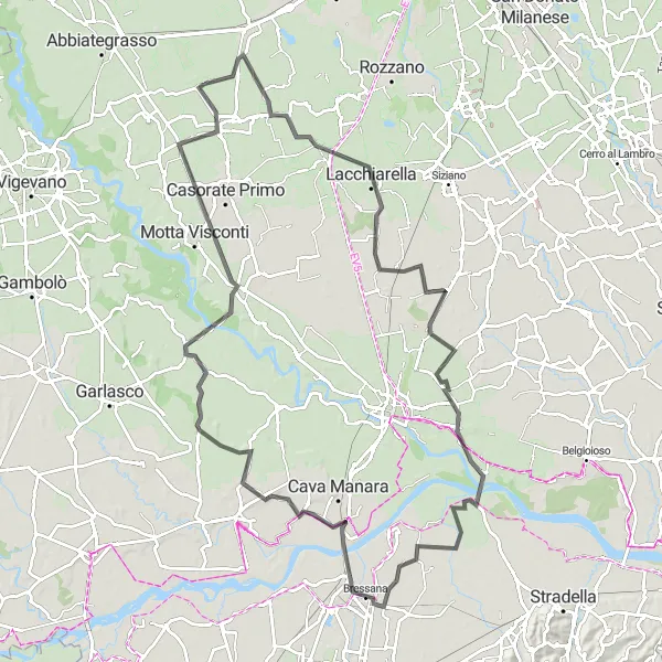 Map miniature of "Gudo Visconti - Binasco - Verrua Po - Bereguardo - Rosate" cycling inspiration in Lombardia, Italy. Generated by Tarmacs.app cycling route planner