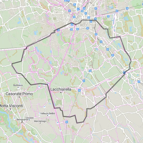 Miniature de la carte de l'inspiration cycliste "Escapade Milan-Pavia en 85 km" dans la Lombardia, Italy. Générée par le planificateur d'itinéraire cycliste Tarmacs.app