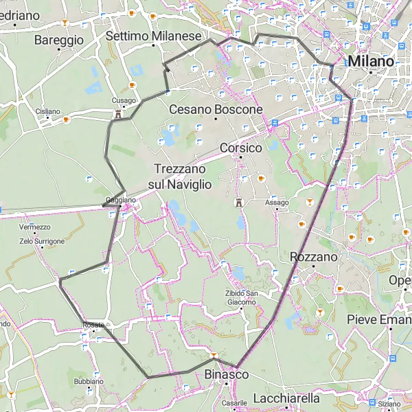 Map miniature of "Gudo Visconti - Gaggiano - San Siro - Rozzano - Rosate" cycling inspiration in Lombardia, Italy. Generated by Tarmacs.app cycling route planner