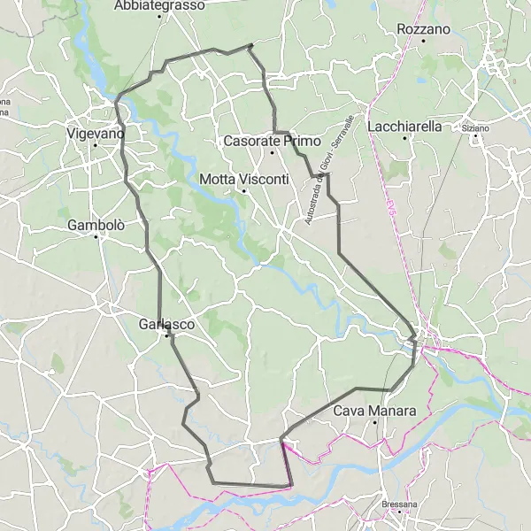 Kartminiatyr av "Upplev Pavia, Garlasco och Ozzero på en 93 km lång cykeltur från Gudo Visconti" cykelinspiration i Lombardia, Italy. Genererad av Tarmacs.app cykelruttplanerare