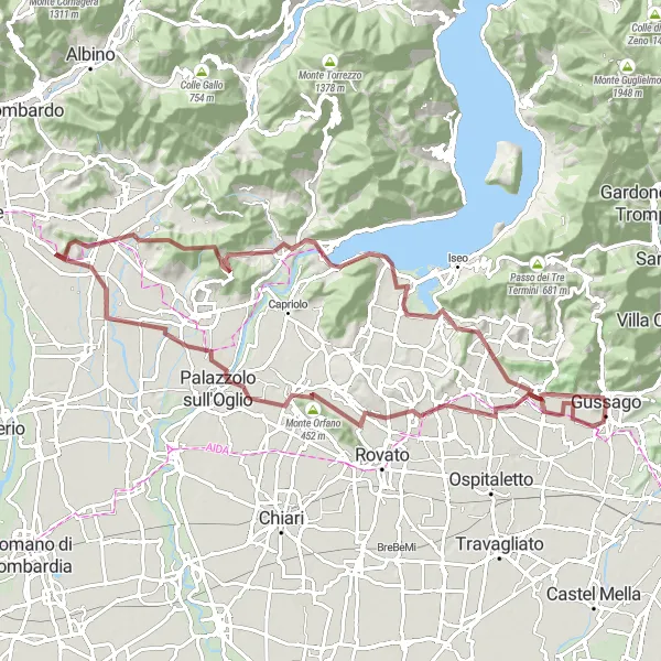 Miniaturní mapa "Gravelový okruh kolem Gussaga a Palazzolo sull'Oglio" inspirace pro cyklisty v oblasti Lombardia, Italy. Vytvořeno pomocí plánovače tras Tarmacs.app