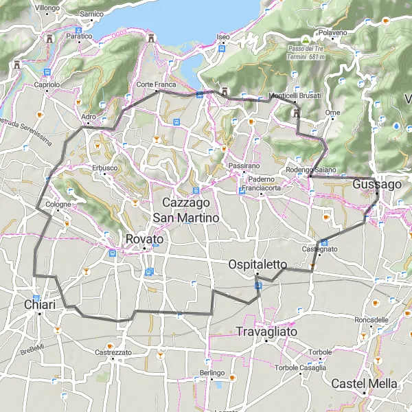 Map miniature of "The Splendor of Iseo Lake" cycling inspiration in Lombardia, Italy. Generated by Tarmacs.app cycling route planner
