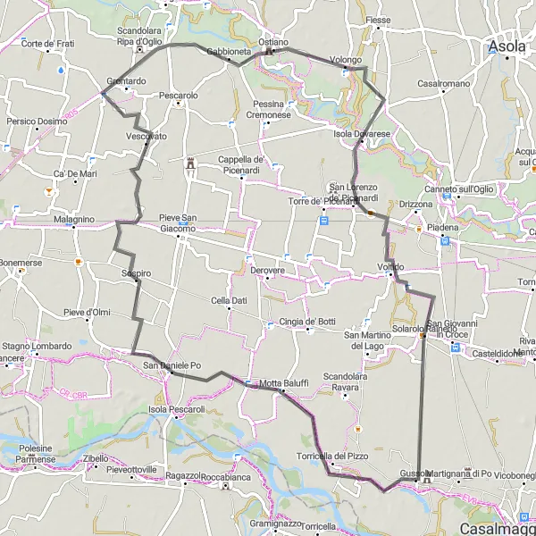 Zemljevid v pomanjšavi "Gussola - Motta Baluffi - Sospiro - Grontardo - Volongo - Palazzo Ala Ponzone" kolesarske inspiracije v Lombardia, Italy. Generirano z načrtovalcem kolesarskih poti Tarmacs.app