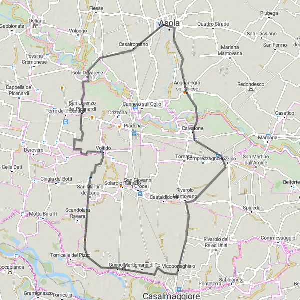 Map miniature of "Voltido and Bozzolo Loop" cycling inspiration in Lombardia, Italy. Generated by Tarmacs.app cycling route planner