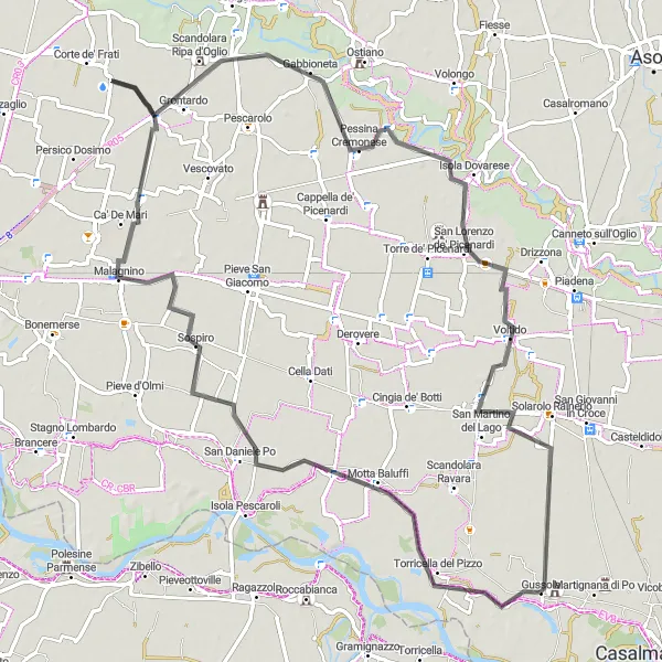 Zemljevid v pomanjšavi "Kolesarska pot do Gussola" kolesarske inspiracije v Lombardia, Italy. Generirano z načrtovalcem kolesarskih poti Tarmacs.app