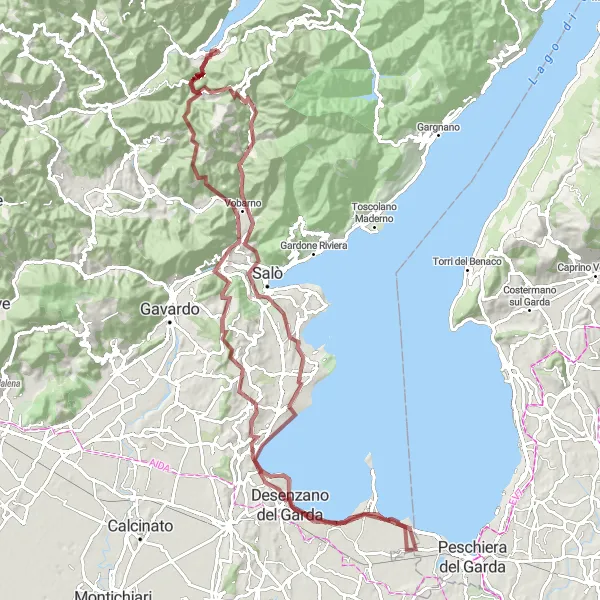 Miniatua del mapa de inspiración ciclista "Ruta de Grava alrededor del Lago de Garda" en Lombardia, Italy. Generado por Tarmacs.app planificador de rutas ciclistas