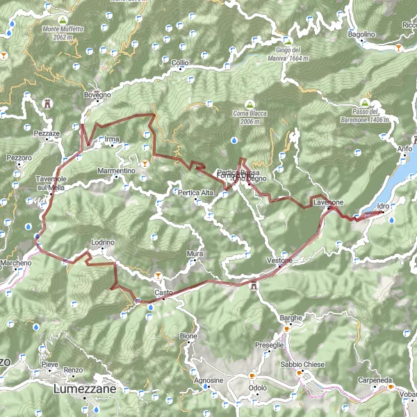 Karttaminiaatyyri "Gravel reitti Idrosta Monte Zovoon" pyöräilyinspiraatiosta alueella Lombardia, Italy. Luotu Tarmacs.app pyöräilyreittisuunnittelijalla