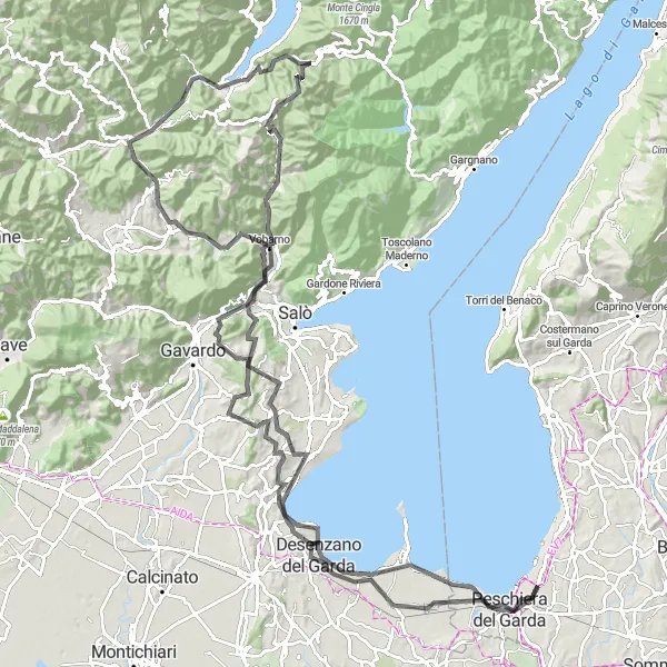 Miniatua del mapa de inspiración ciclista "Ruta de ciclismo de carretera desde Idro a Peschiera del Garda y Desenzano del Garda" en Lombardia, Italy. Generado por Tarmacs.app planificador de rutas ciclistas