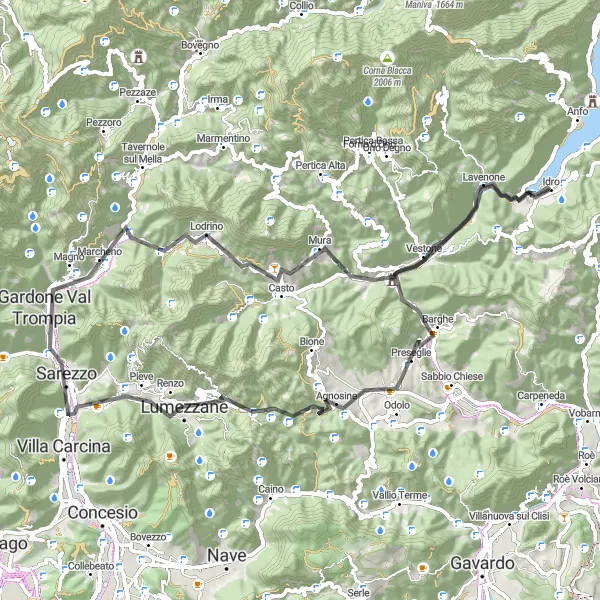 Map miniature of "Explore the Charming Villages of Idro" cycling inspiration in Lombardia, Italy. Generated by Tarmacs.app cycling route planner