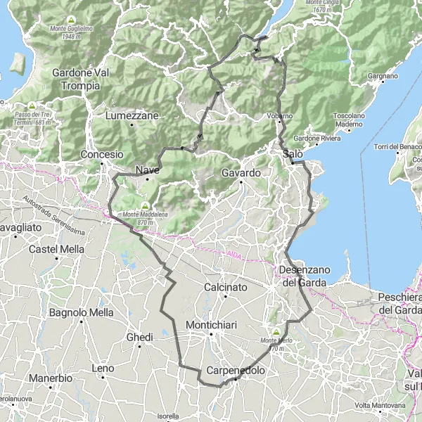 Map miniature of "Garda Lake Circuit" cycling inspiration in Lombardia, Italy. Generated by Tarmacs.app cycling route planner