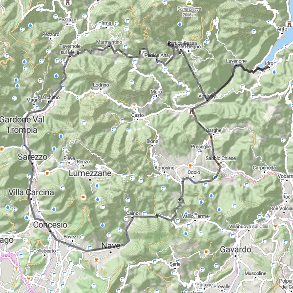 Zemljevid v pomanjšavi "Razgibana kolesarska pot okrog Idra" kolesarske inspiracije v Lombardia, Italy. Generirano z načrtovalcem kolesarskih poti Tarmacs.app
