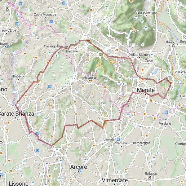 Mapa miniatúra "Gravelový okruh cez Monte Robbio" cyklistická inšpirácia v Lombardia, Italy. Vygenerované cyklistickým plánovačom trás Tarmacs.app