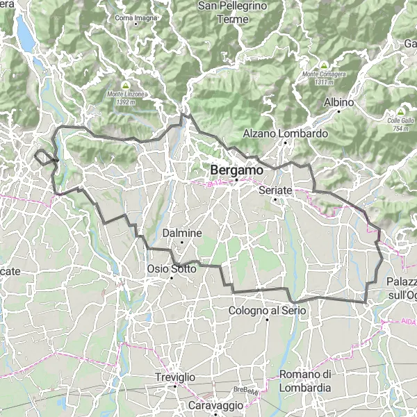 Miniature de la carte de l'inspiration cycliste "Le tour des collines de Bergame" dans la Lombardia, Italy. Générée par le planificateur d'itinéraire cycliste Tarmacs.app