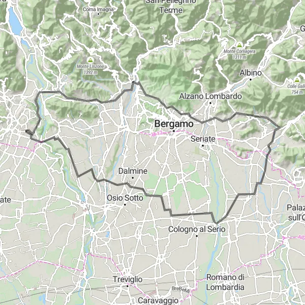 Karttaminiaatyyri "Haastava reitti Monte Robbiolle Paderno d'Addaan" pyöräilyinspiraatiosta alueella Lombardia, Italy. Luotu Tarmacs.app pyöräilyreittisuunnittelijalla