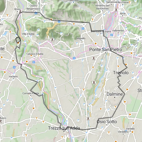 Map miniature of "Imbersago to Monte Robbio" cycling inspiration in Lombardia, Italy. Generated by Tarmacs.app cycling route planner