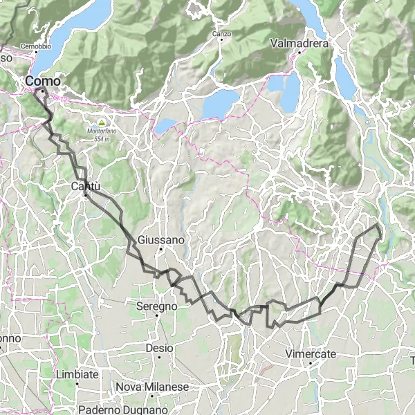 Mapa miniatúra "Okruh Monte Robbio a okolí" cyklistická inšpirácia v Lombardia, Italy. Vygenerované cyklistickým plánovačom trás Tarmacs.app