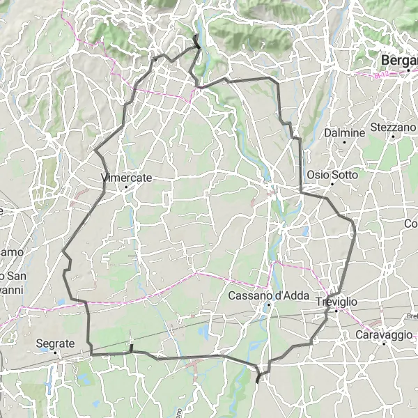 Miniatua del mapa de inspiración ciclista "Ruta en Carretera de Monte Robbio a Merate" en Lombardia, Italy. Generado por Tarmacs.app planificador de rutas ciclistas