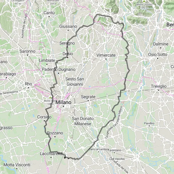 Mapa miniatúra "Cyklistická trasa Monte Robbio - Imbersago - Monte Stella" cyklistická inšpirácia v Lombardia, Italy. Vygenerované cyklistickým plánovačom trás Tarmacs.app