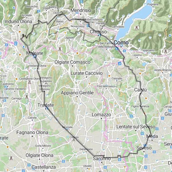 Map miniature of "Around the Lakes" cycling inspiration in Lombardia, Italy. Generated by Tarmacs.app cycling route planner