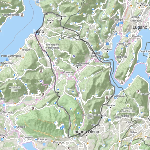 Miniatura della mappa di ispirazione al ciclismo "Tour ciclistico tra Induno Olona e Porto Ceresio" nella regione di Lombardia, Italy. Generata da Tarmacs.app, pianificatore di rotte ciclistiche
