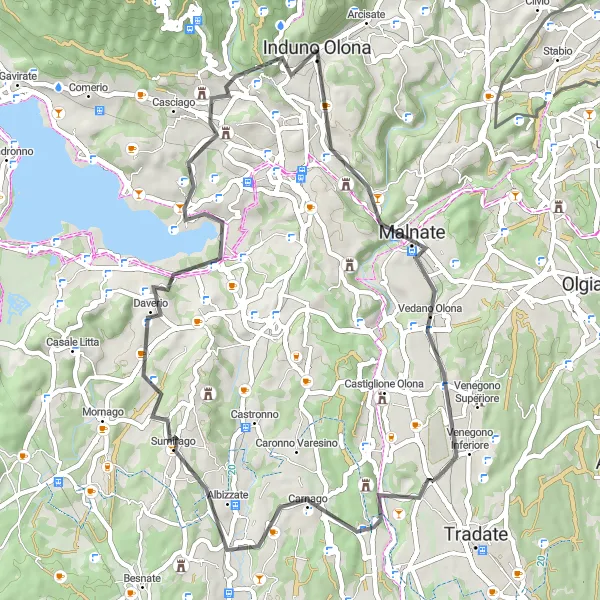 Miniature de la carte de l'inspiration cycliste "Boucle à Malnate et Carnago" dans la Lombardia, Italy. Générée par le planificateur d'itinéraire cycliste Tarmacs.app